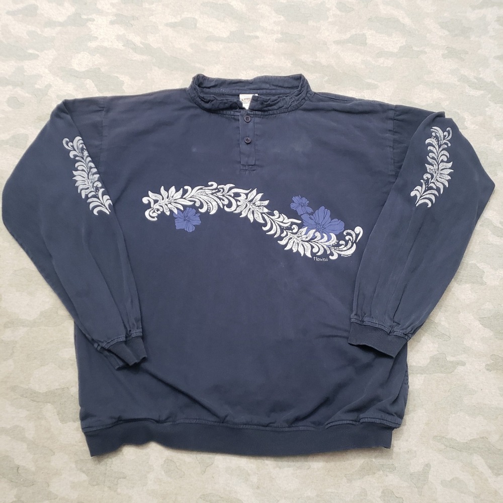 Vintage Crazy Shirts Hawaii Sweatshirt Mens Large Blue Henley Pullover 90s Surf